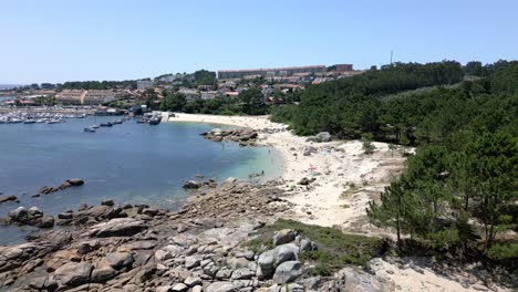 vistas aéreas de la playa tranquila en la marina con veleros y bosque exuberante