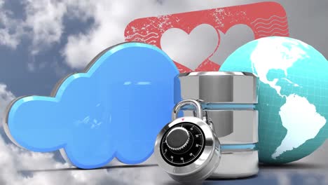 animación de la nube digital, el servidor, los corazones y el globo