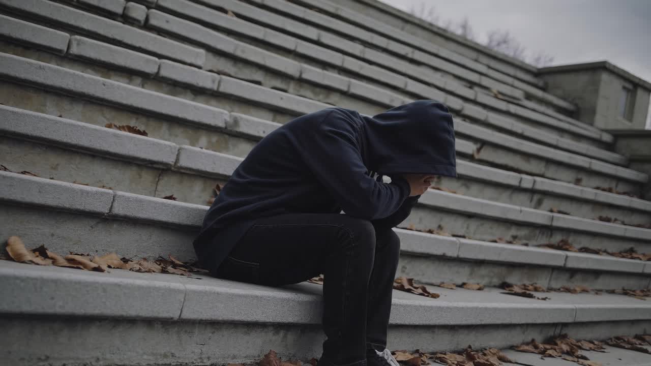 A somber video concept showing a person in a hoodie sitting on outdoor steps, captured from a side