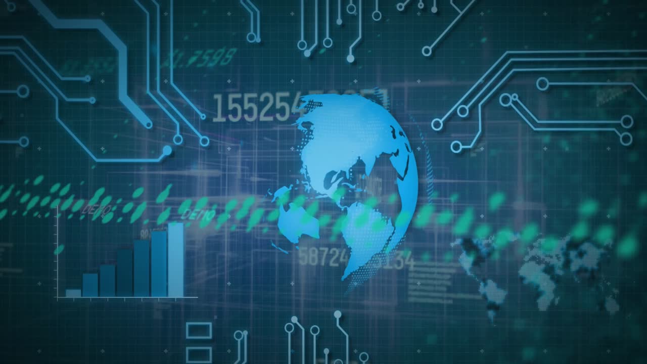 Animation of graphs, computer language, circuit board pattern around globe on abstract background