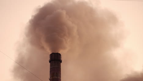 Thick toxic emissions from chimney filling the air. Dirty smog pollutes the atmosphere on the evening sky. Ecological disaster.