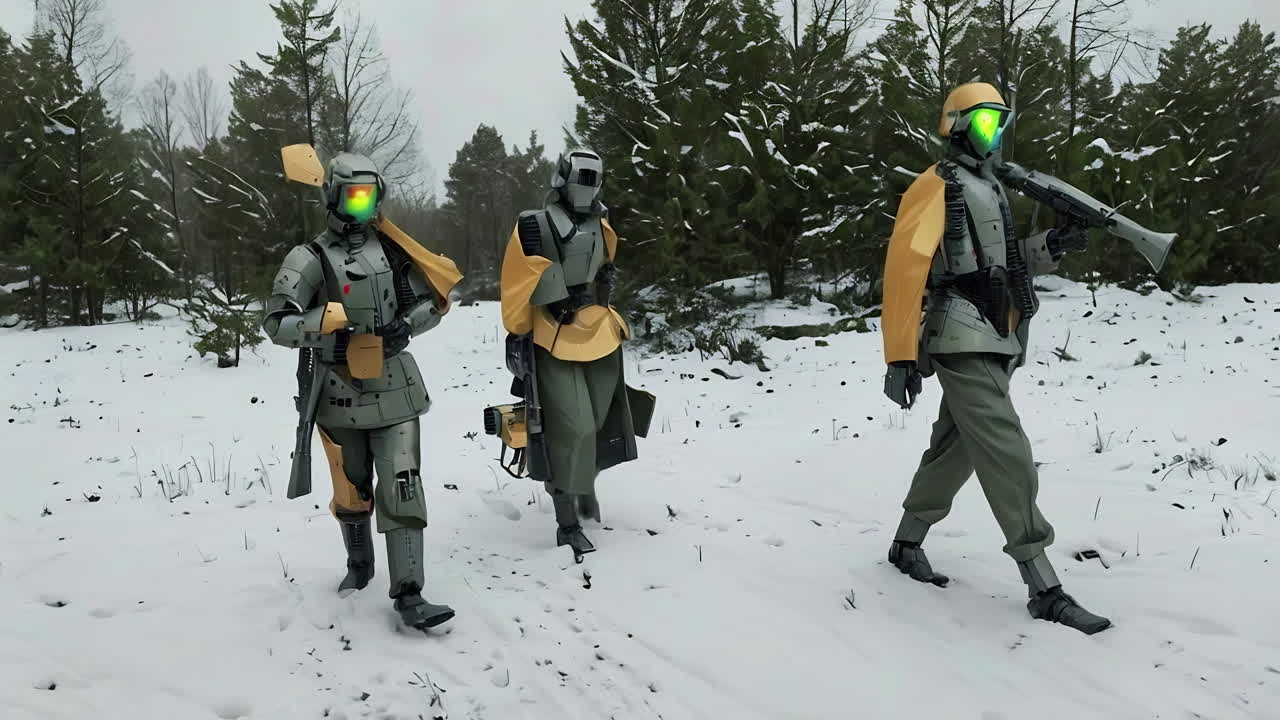 Futuristic Soldiers in a Snowy Forest