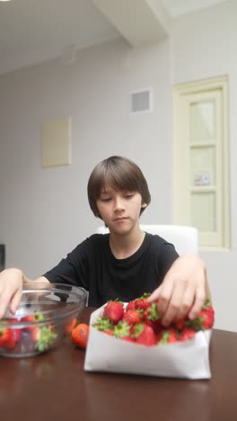 boy picking strawberries at home