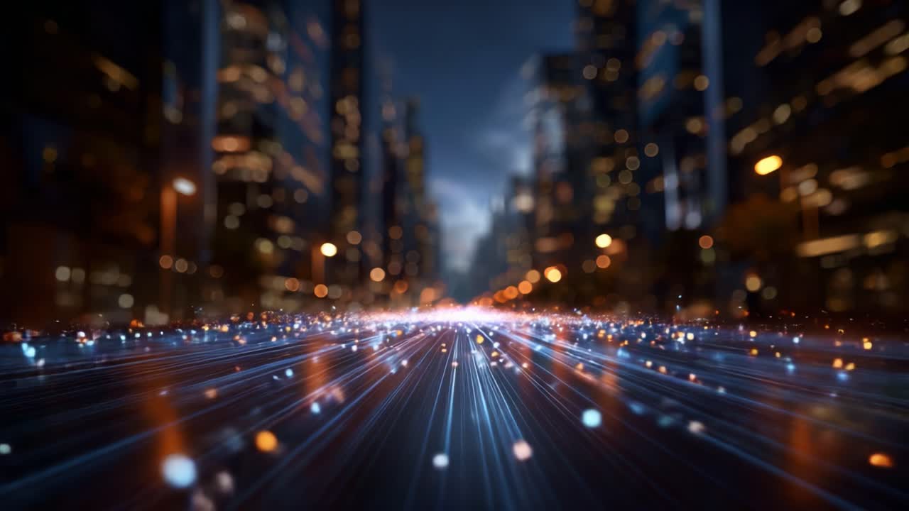 Ein faszinierender Blick auf hell erleuchtete Straßen einer Stadt in der Dämmerung, der dynamische Lichtspuren und stimmungsvolles Bokeh vor der Kulisse urbaner Wolkenkratzer zeigt