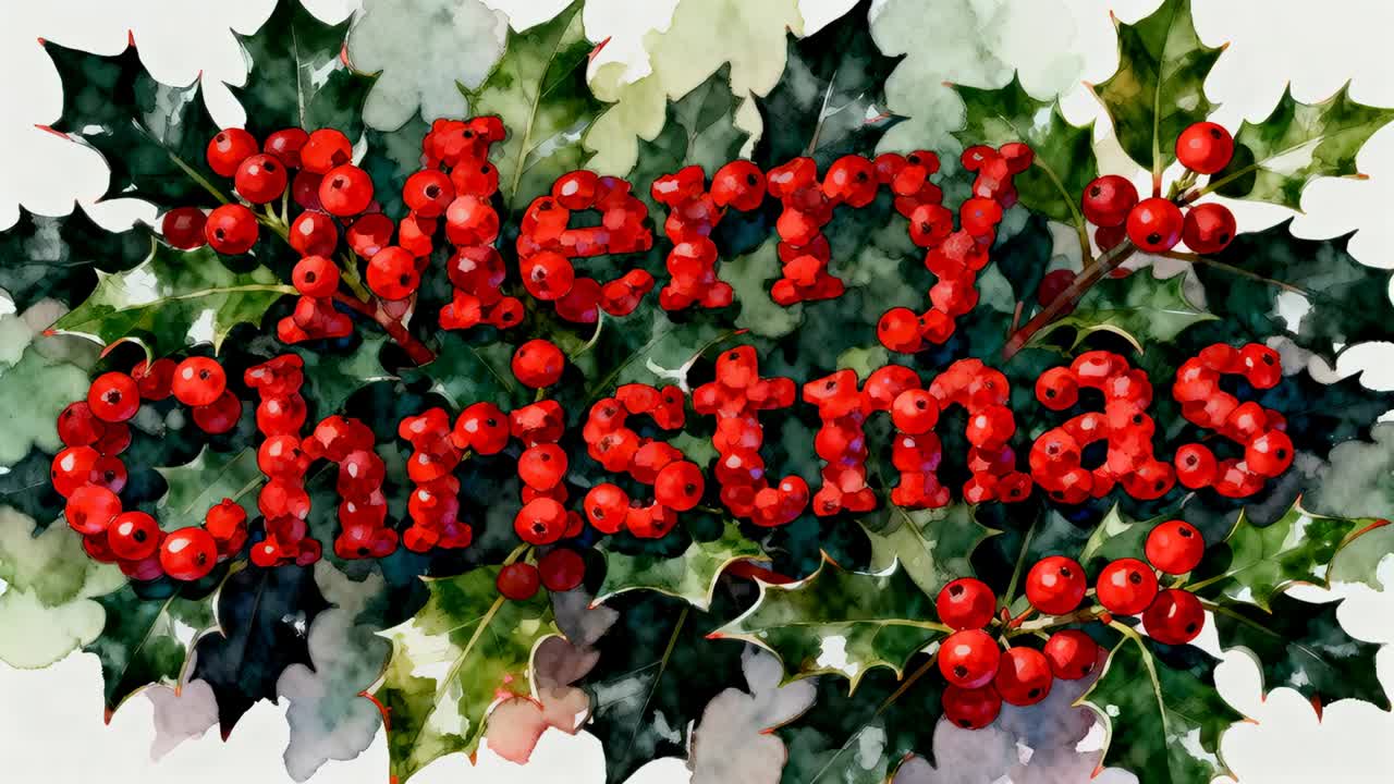 Starting animation holly berry 'Merry Christmas' words zooming drifting for depth on greeting card