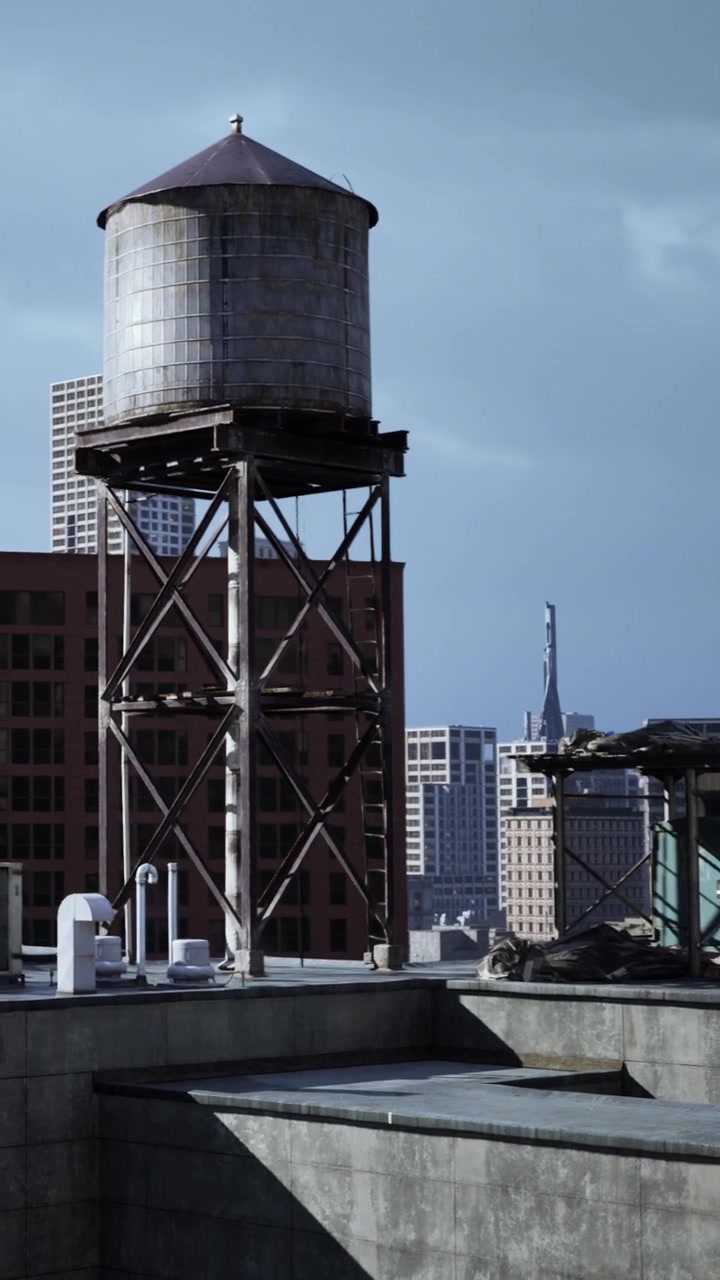 Torre de agua se alza en la azotea con el horizonte de la ciudad de fondo.