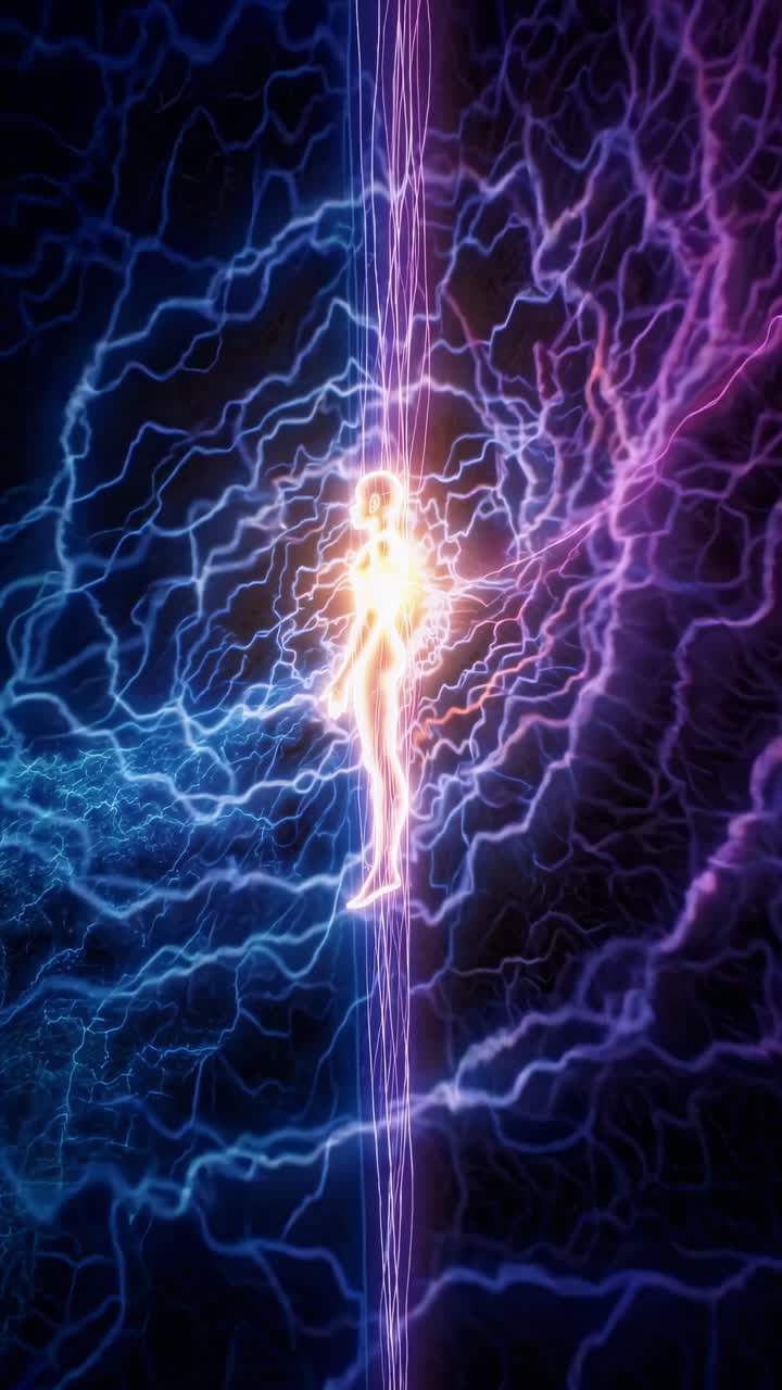 silueta humana brillante recibiendo energía cósmica de los relámpagos y la electricidad que fluye en un espacio oscuro y etéreo, creando una cautivadora representación visual del despertar espiritual