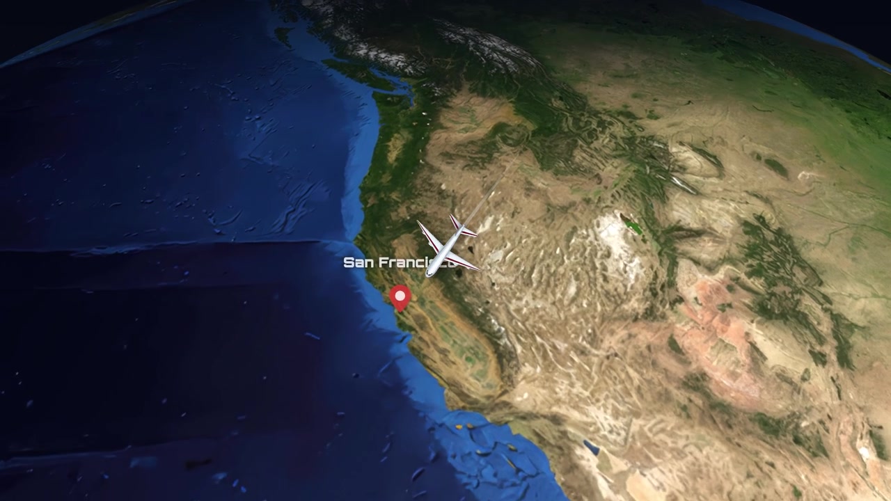 Satellite view animation follows a commercial airplane flying from Munich across the Atlantic to California