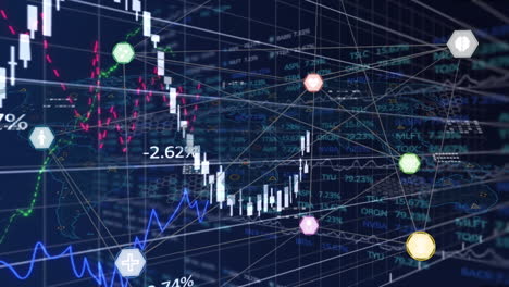 animation of financial data processing with icons on black background