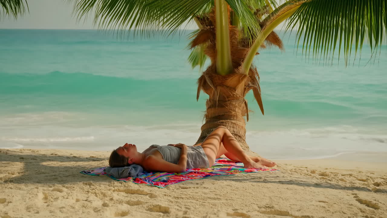 Mujer relajándose en una toalla de playa tropical bajo una palma que se mece, cerca del océano turquesa. Arena dorada, olas suaves.