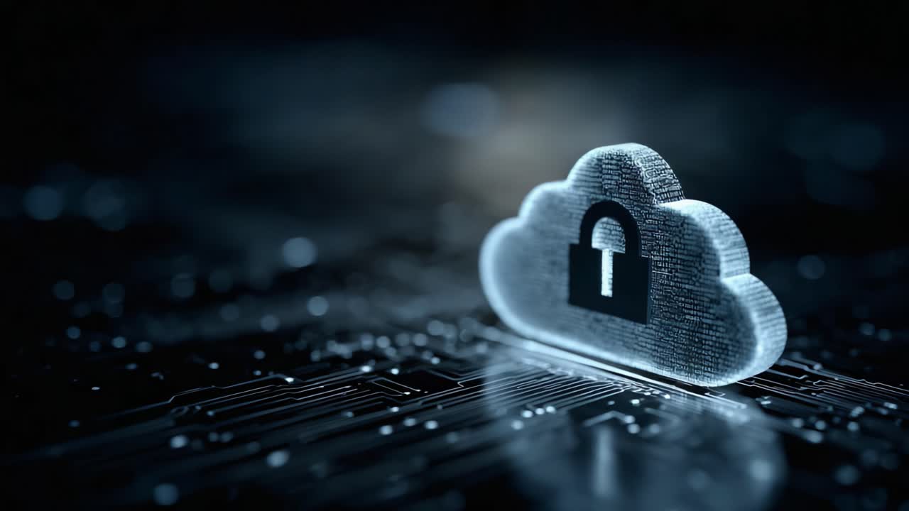 Modern Cloud Security: A Close-Up of a Digital Cloud with Lock Symbol, Representing Data Protection, Cybersecurity and Information Safety in a Futuristic Environment