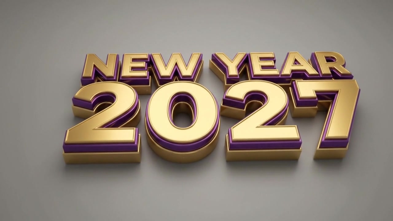 Animazione testuale 3D Anno Nuovo 2027 Oro e Viola