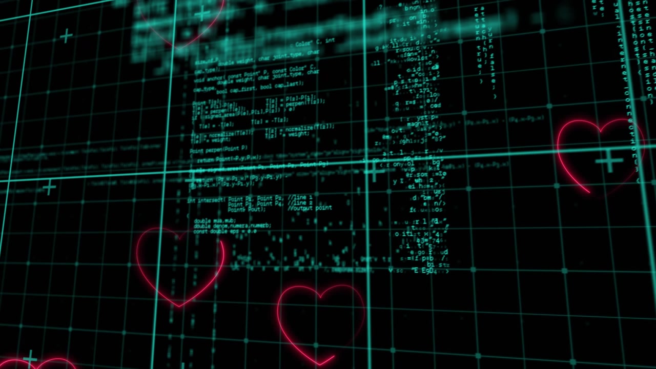 Code emerging on 3D cyan grid, hearts pulsing, code scrolling, scan lines gliding for visualization