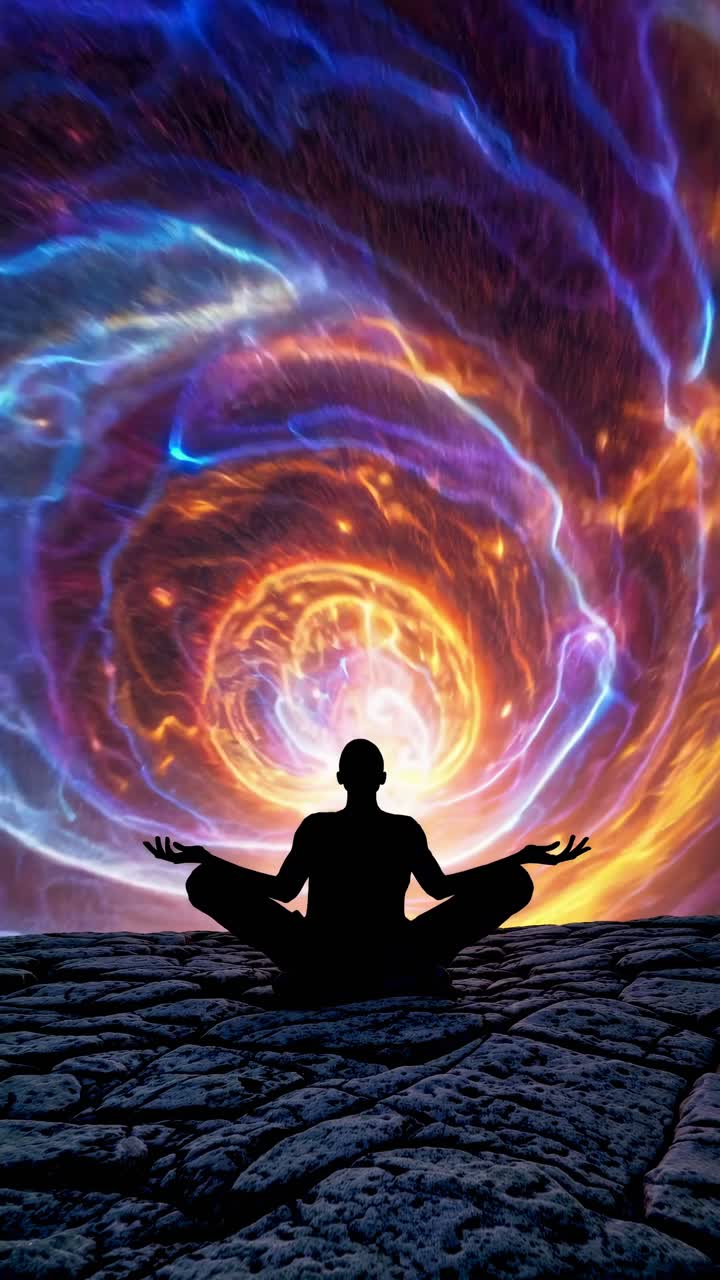 Silhouette meditating against a cosmic vortex, viewed from a low angle