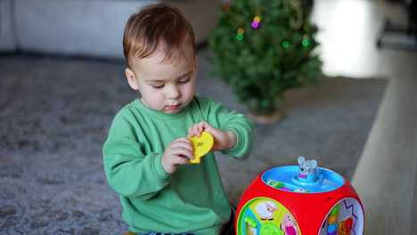 baby playing with farm animal shape sorter toy