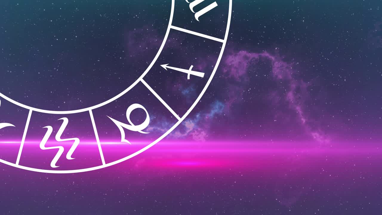 animación de la rueda del horóscopo girando sobre las estrellas en fondo azul a púrpura