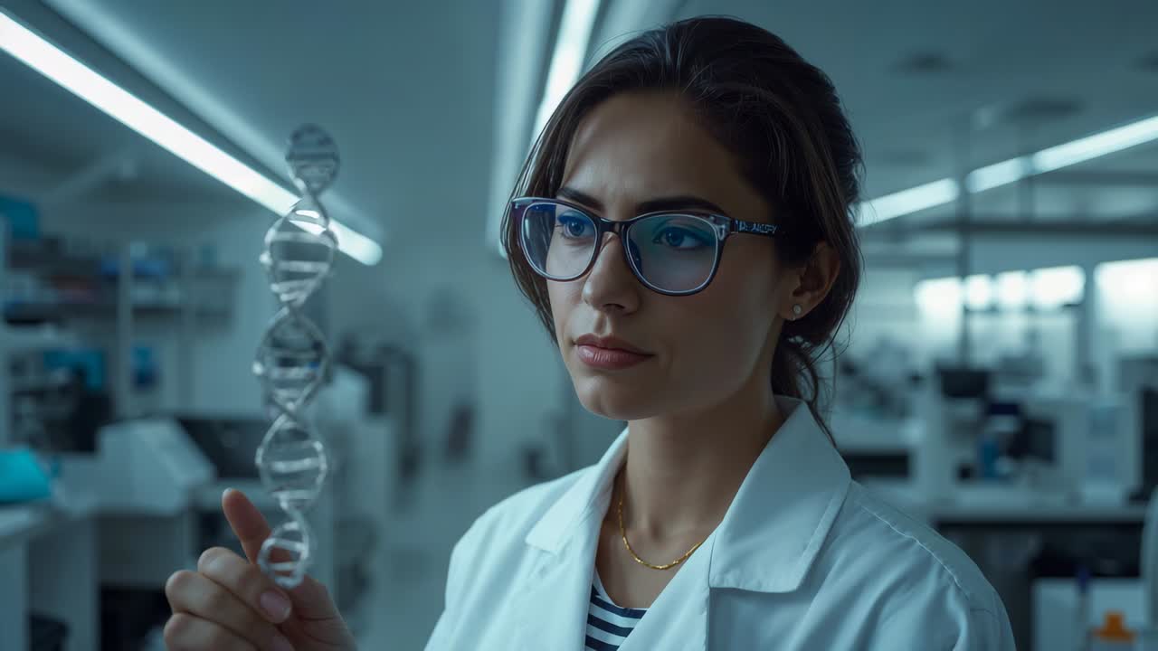 Comprensione chiara dell'elica del DNA: scienziato asiatico che ispeziona la struttura in laboratorio con indosso camice e occhiali