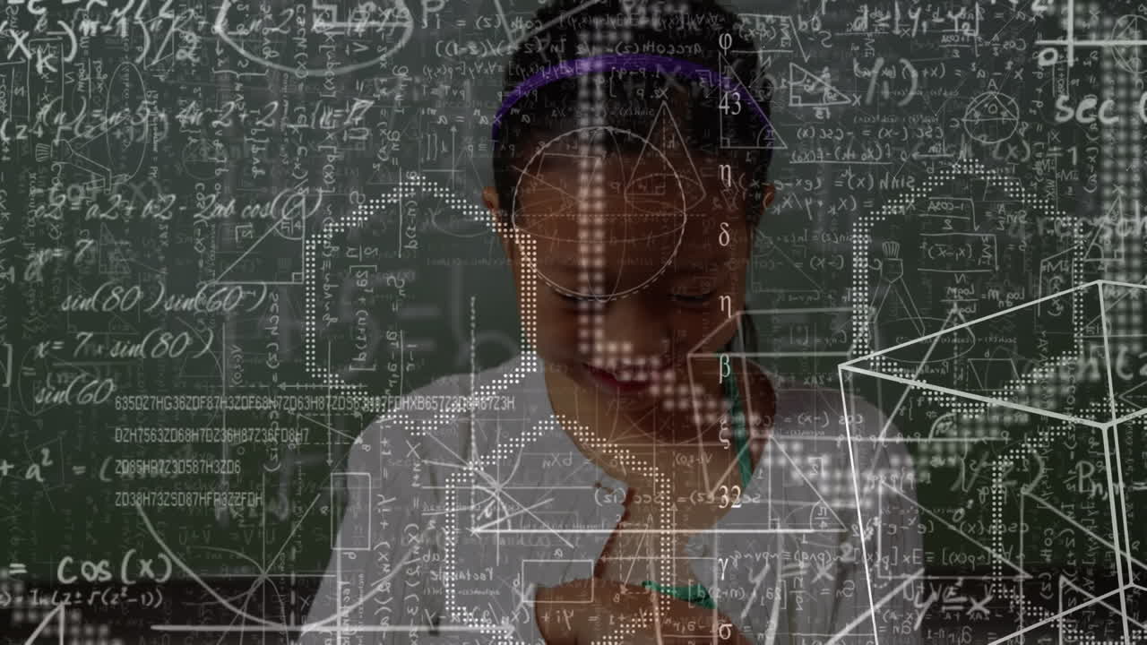 Animation of moving math formulas and data processing over girl using tablet