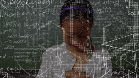 animation of moving math formulas and data processing over girl using tablet