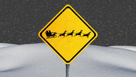 animation of snow falling over warning sing in winter landscape