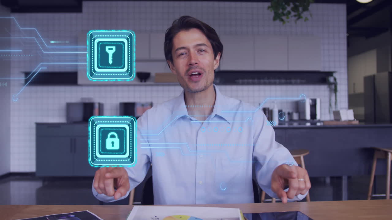 In office, man discussing digital security with animation of key and lock icons