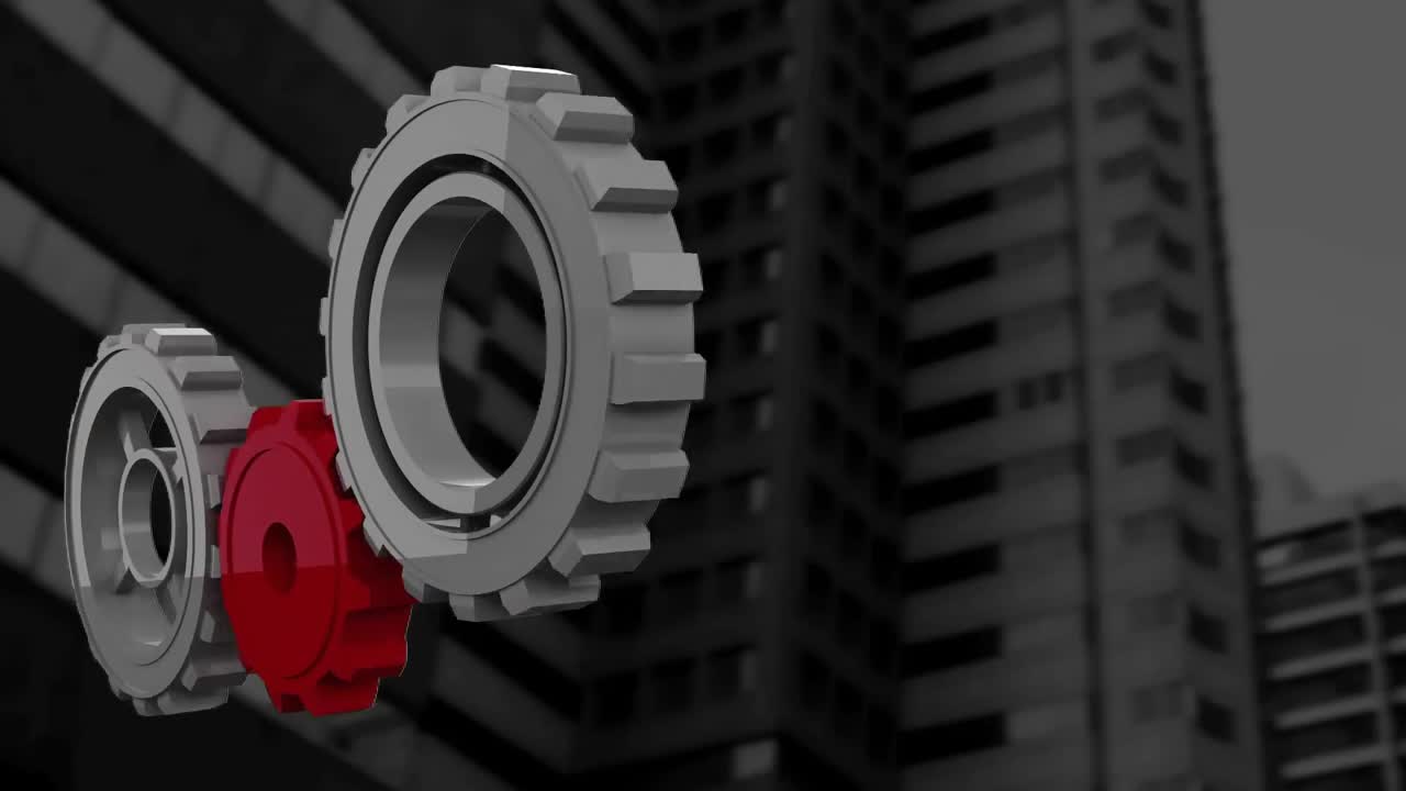 Digital composite video of settings icons against tall buildings in background