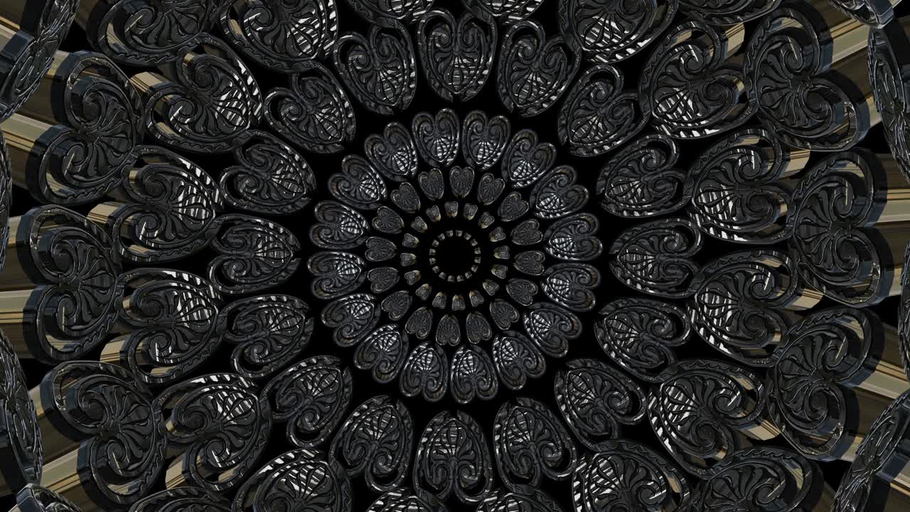Kuninkaallinen kuvio. Ympyröihin asetellut 3D-muodot. Kulta ja hopea. Kelluvat hitaasti keskeltä. 3D-kaleidoskooppi.