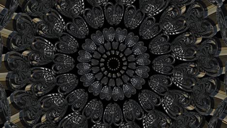 royal pattern. 3d shapes laid out in circles. gold and silver. slowly float from the center. 3d kaleidoscope.