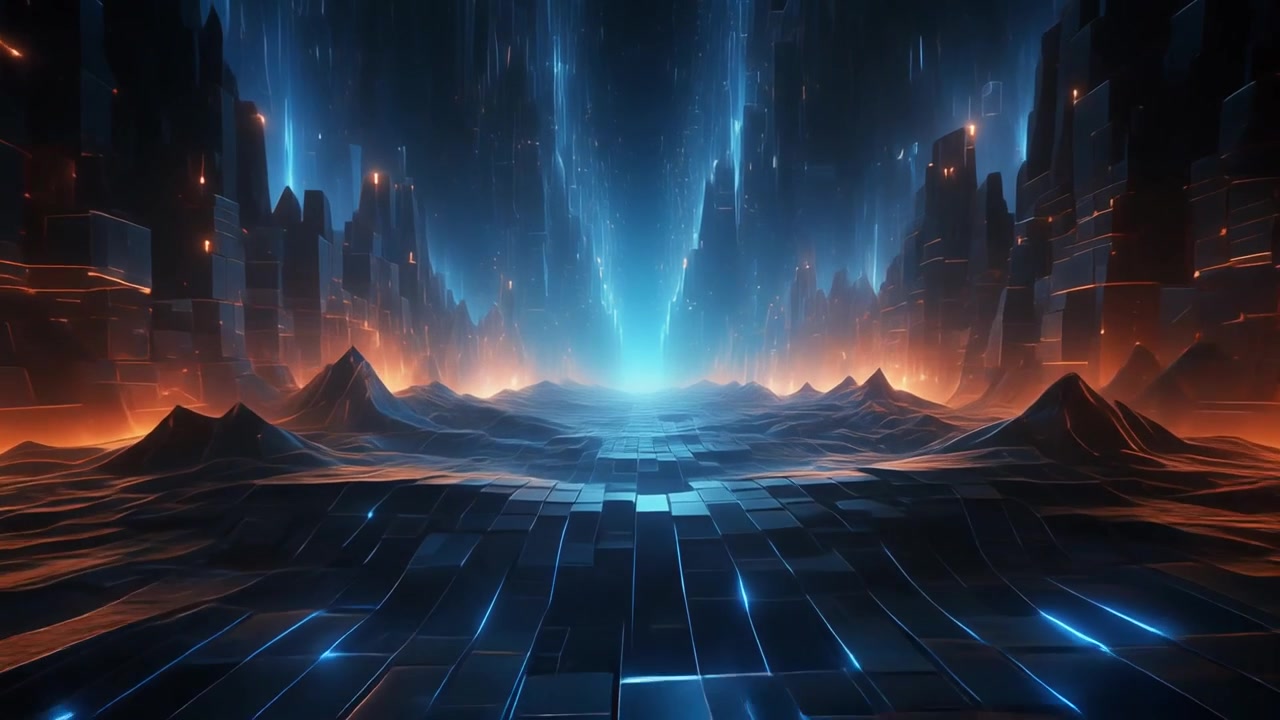 Abstract Futuristic Digital Landscape with Glowing Blue and Orange Light