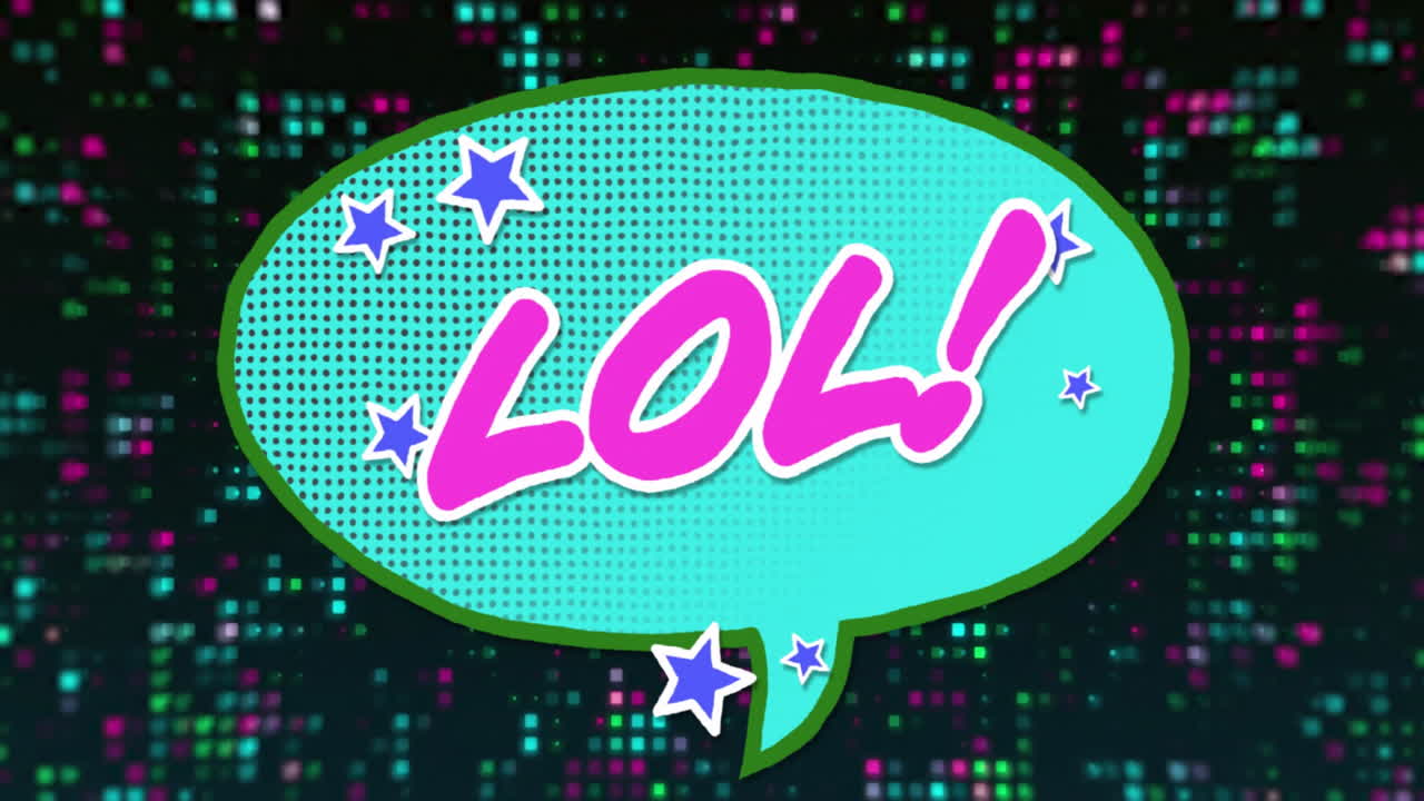 Colorful pixelated background with comic-style speech bubble and LOL! animation text