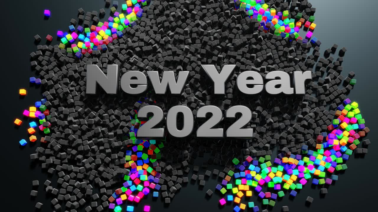 3d nuevo año de fondo en bucle con inscripción nuevo año y guirnalda, cubos esparcidos en el plano se iluminan, forman un hermoso patrón. ondas de brillo de color y luz. luz de neón para tarjeta de navidad.