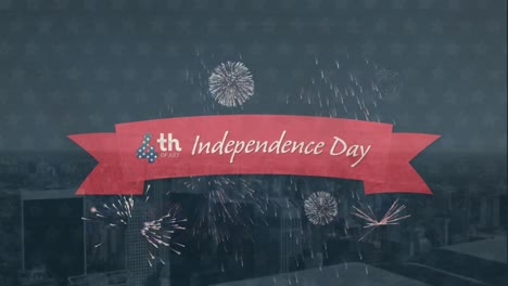 independence day text and fireworks with cityscape in background