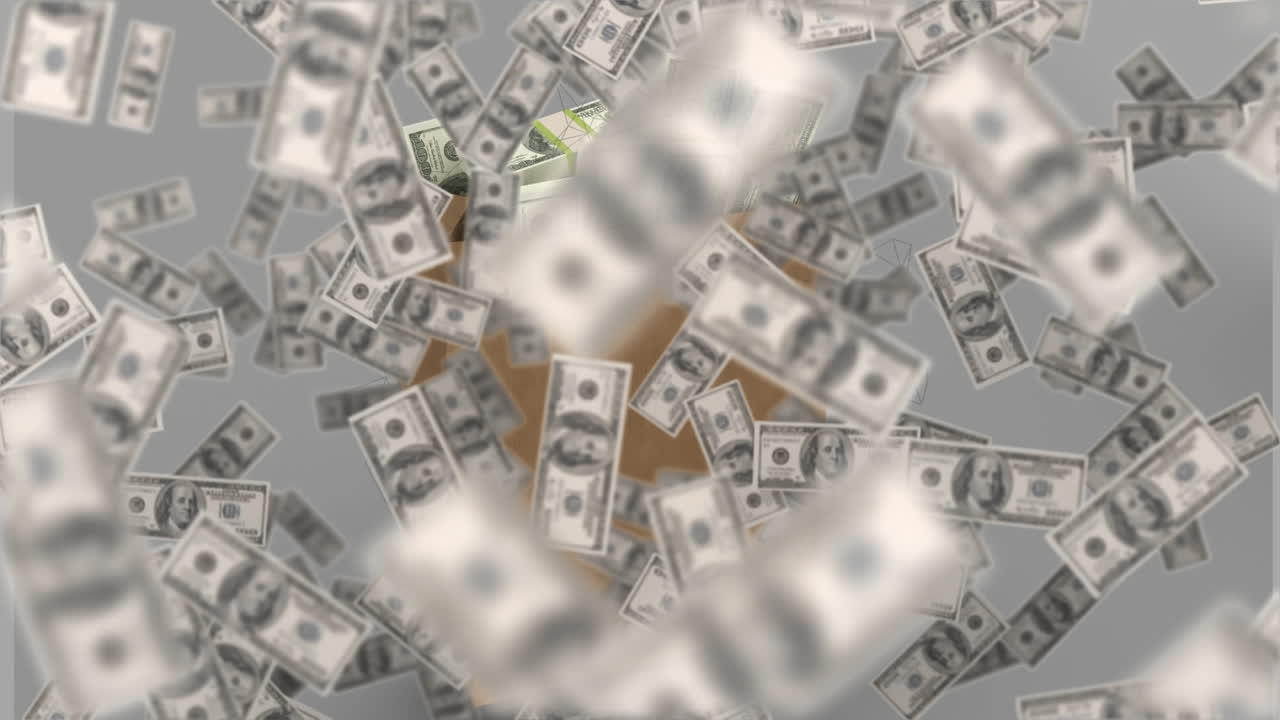 animación de dólares flotantes sobre una bolsa con dinero