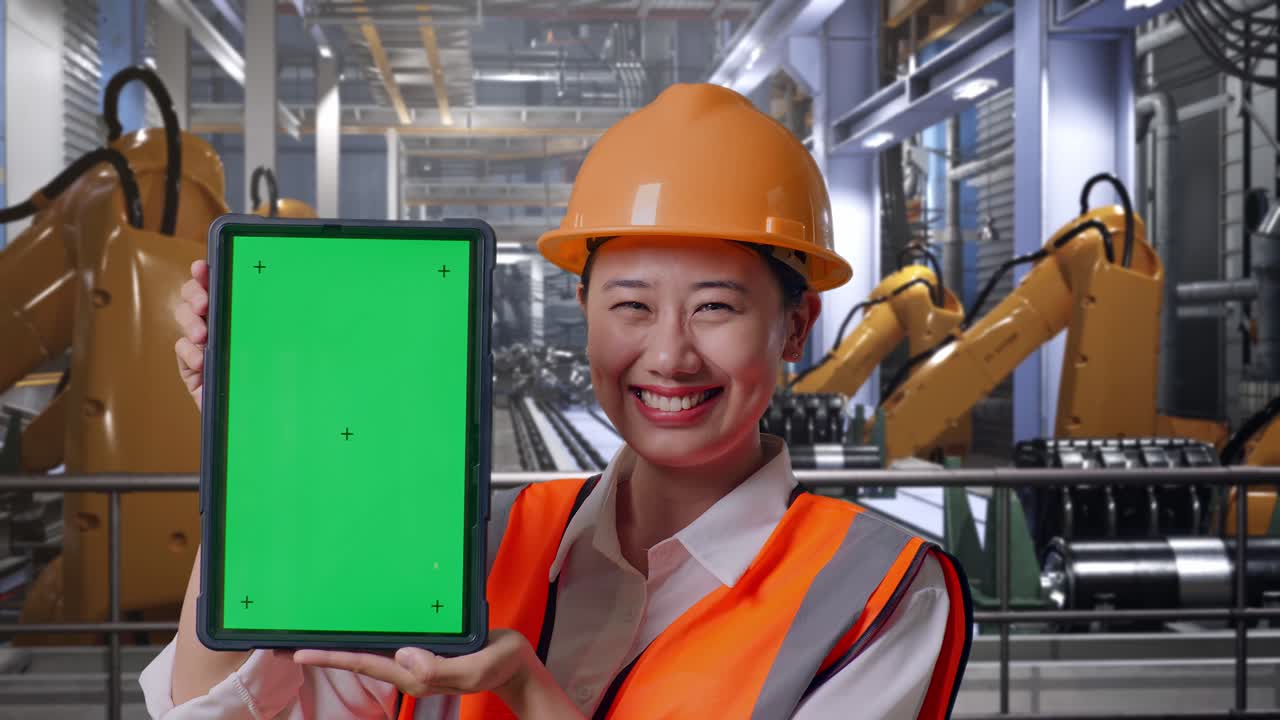 Close Up Of Asian Female Engineer With Safety Helmet Smiling And Showing Green Screen Tablet To The Camera With Industrial Robotic Arms Working