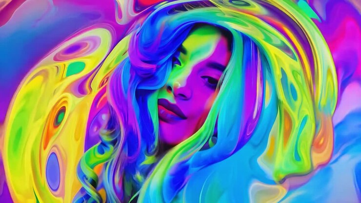 Woman with colorful hair and neon lighting