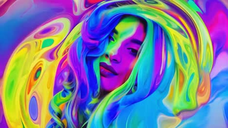 mujer con cabello colorido y iluminación de neón