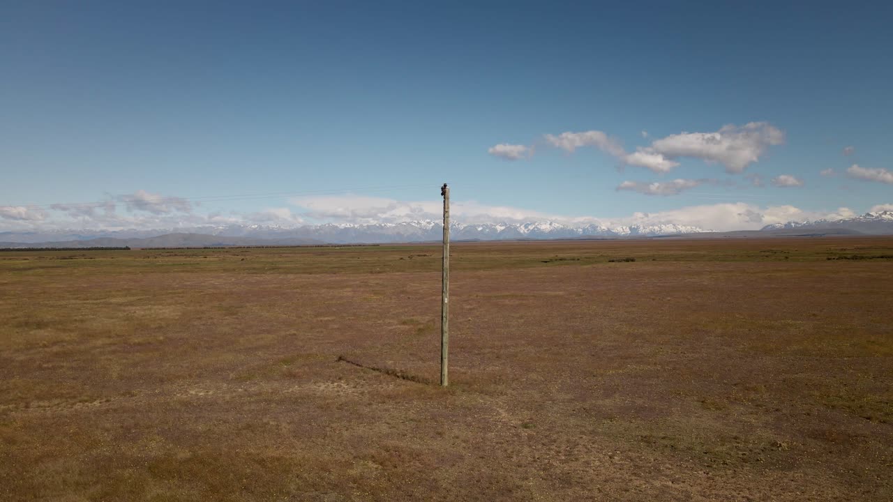 деревянный столб электропередачи перед величественным заснеженным горным хребтом за сухими равнинами