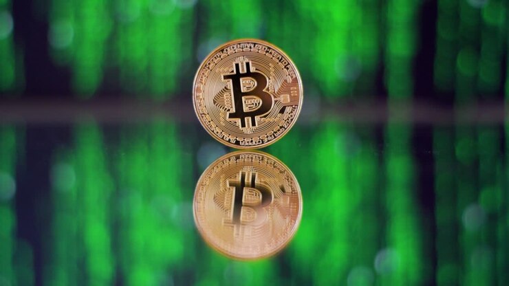 Bitcoin su una superficie riflettente con una matrice verde futuristica sullo sfondo