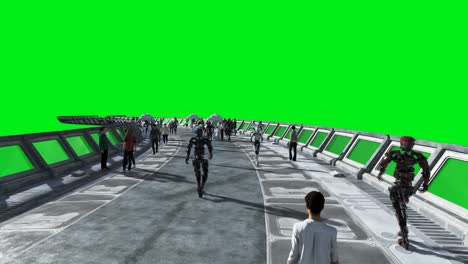 people and robots. sci fi tonnel. futuristic traffic. concept of future. green screen footage. realistic 4k animation.