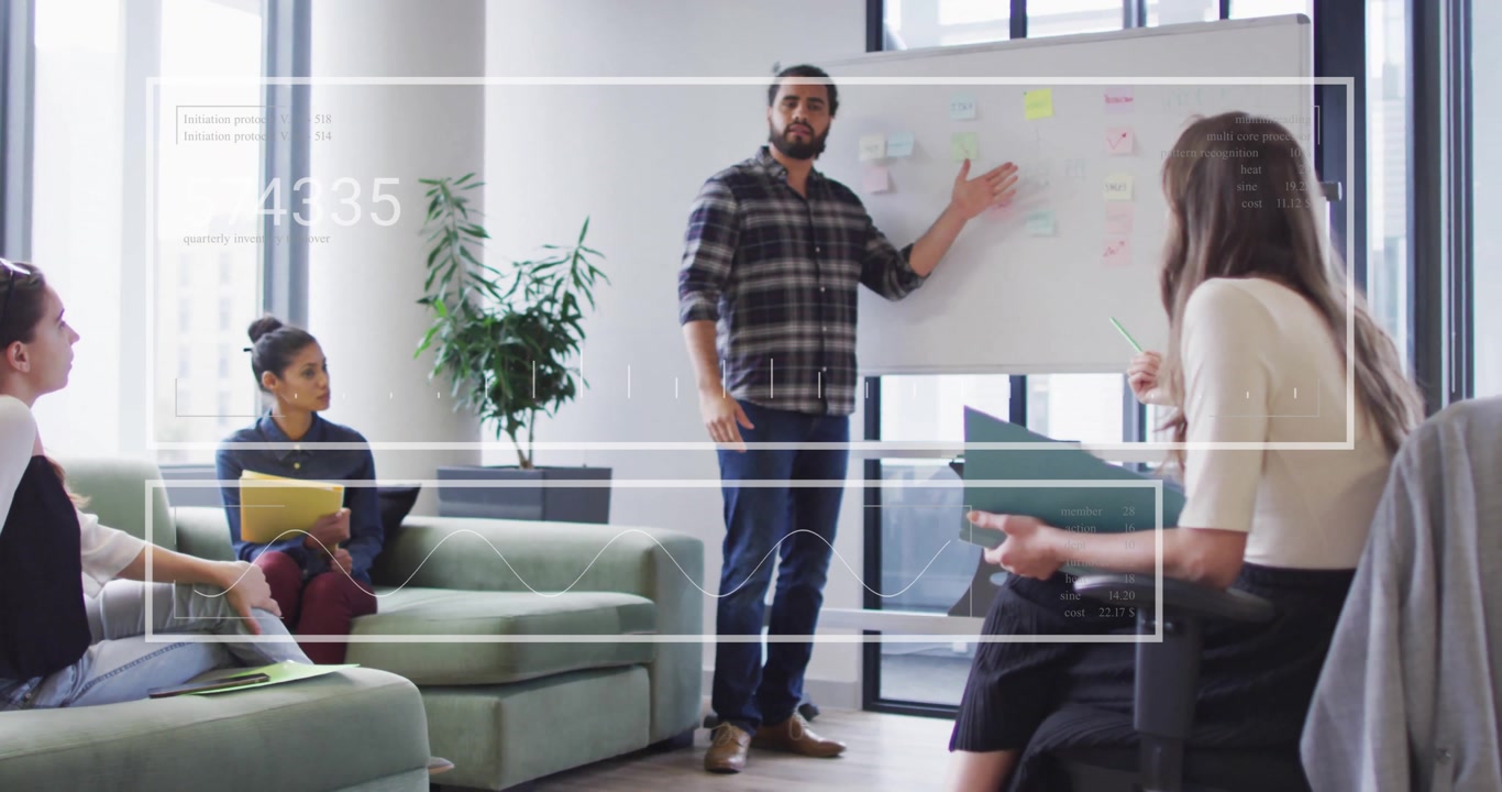 Animation of data processing over diverse business people in office