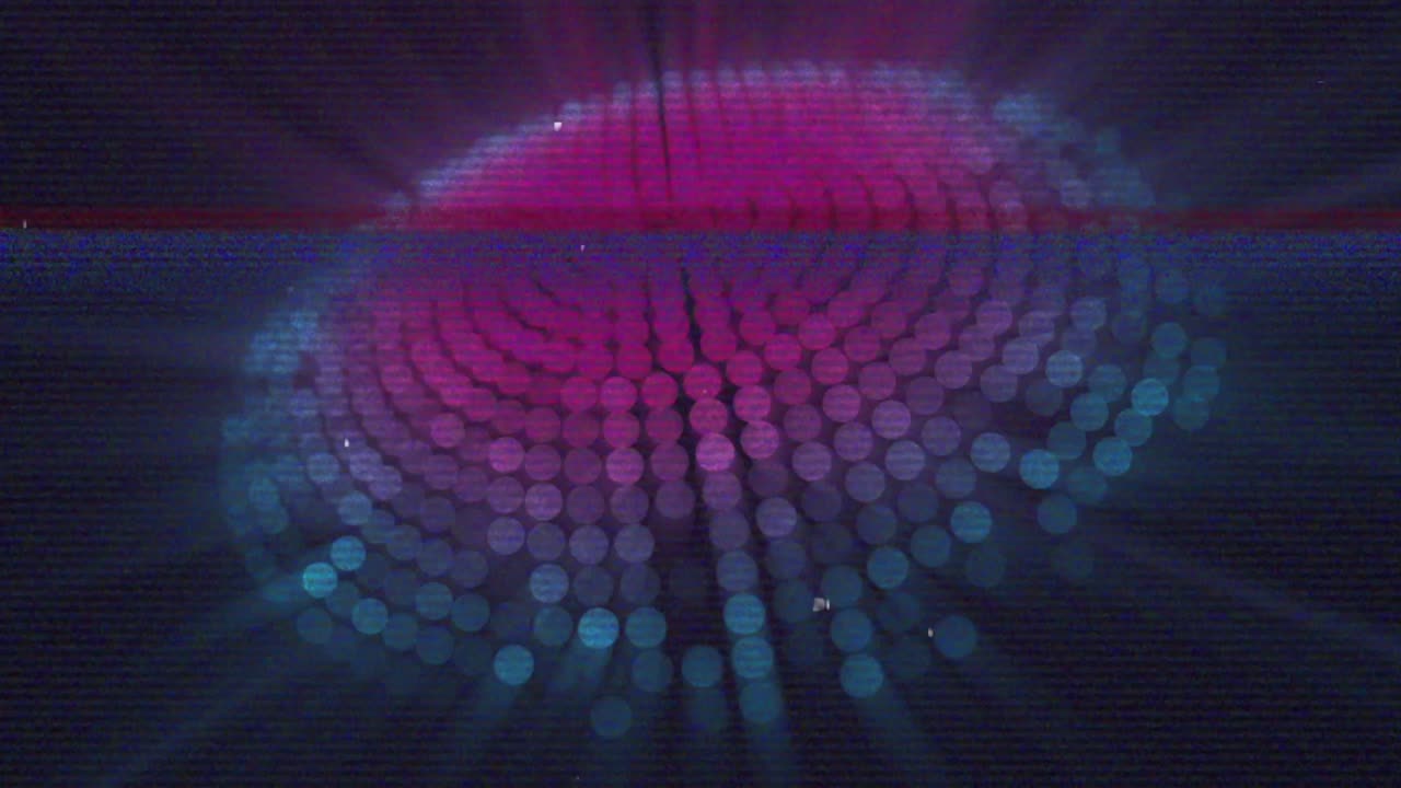 Animazione di un glitch su luci rosa e blu su sfondo blu navy.