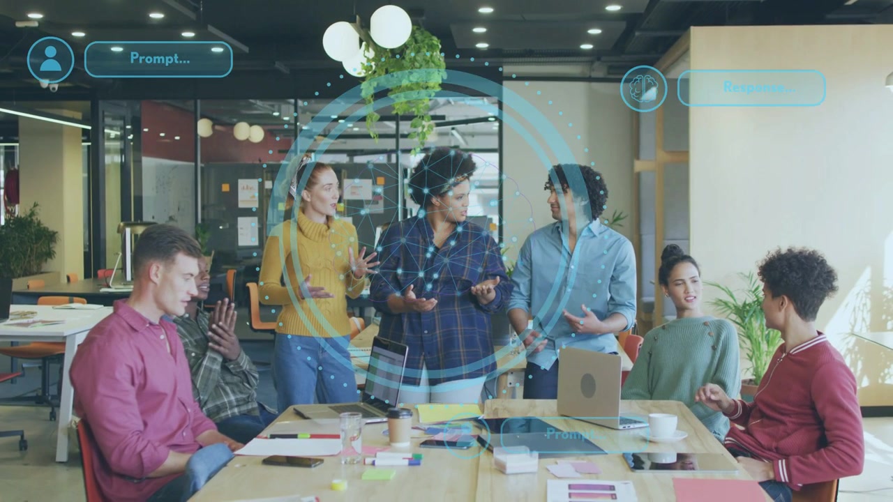 Central woman uncrossing arms, gesturing, engaging team in business meeting, activating hologram