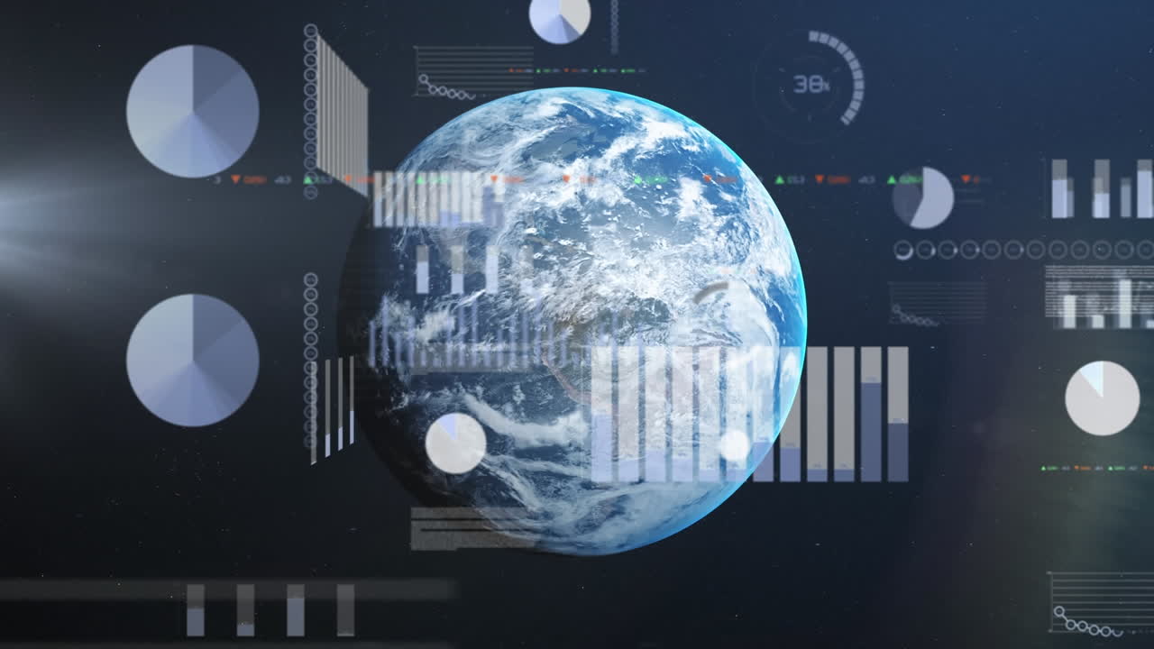 Animation of pie chart, data, timer and multicolored trading board over rotating globe