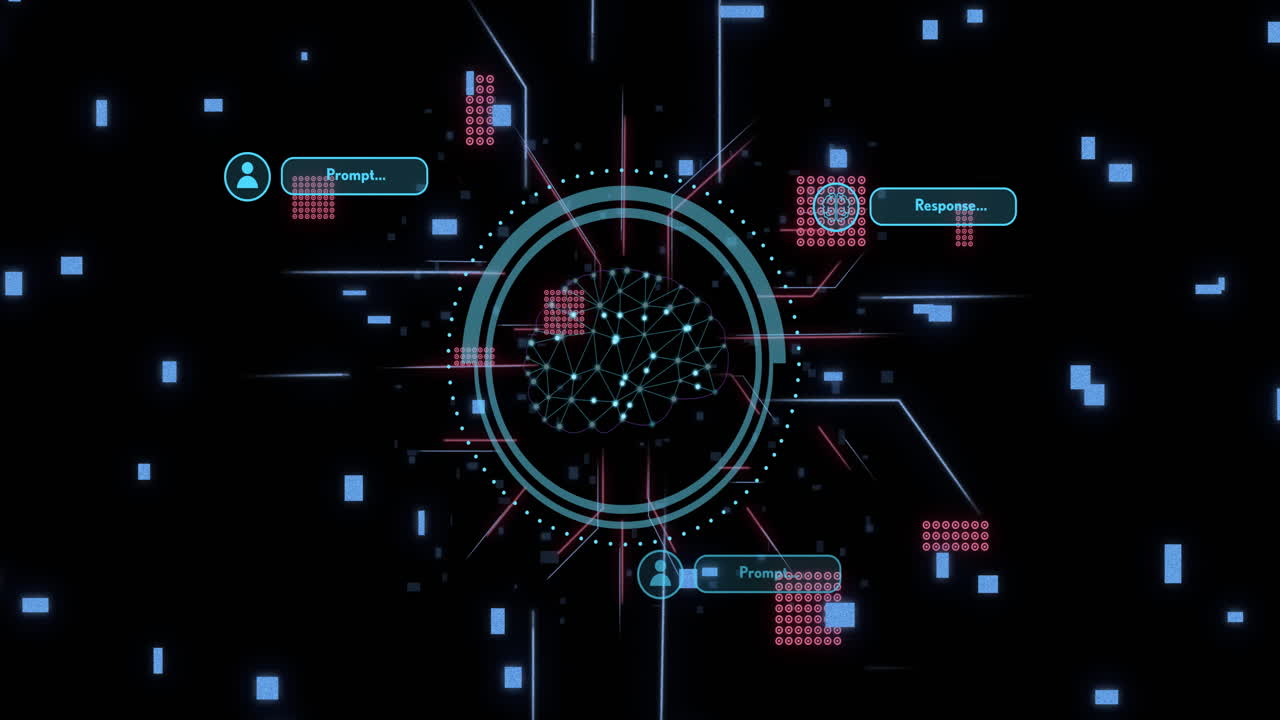 Digital brain network and data processing animation over dark background with neon lines