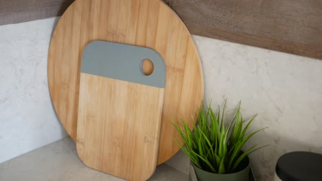 cutting board and plant on a kitchen counter