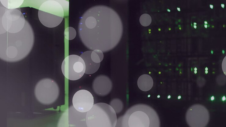 Animation of spots of light and data processing over computer servers
