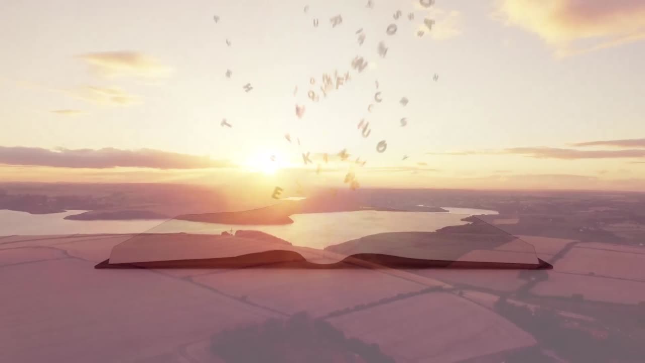 풍경 위에 글자를 가진 책의 애니메이션