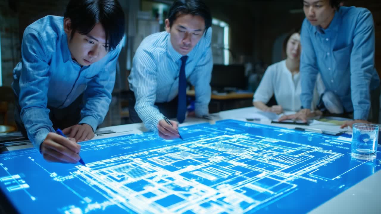 Team Collaboration in Architectural Design: Professionals Analyzing a Detailed Blueprint on a Digital Surface, Highlighting Precision and Innovation in Modern Engineering