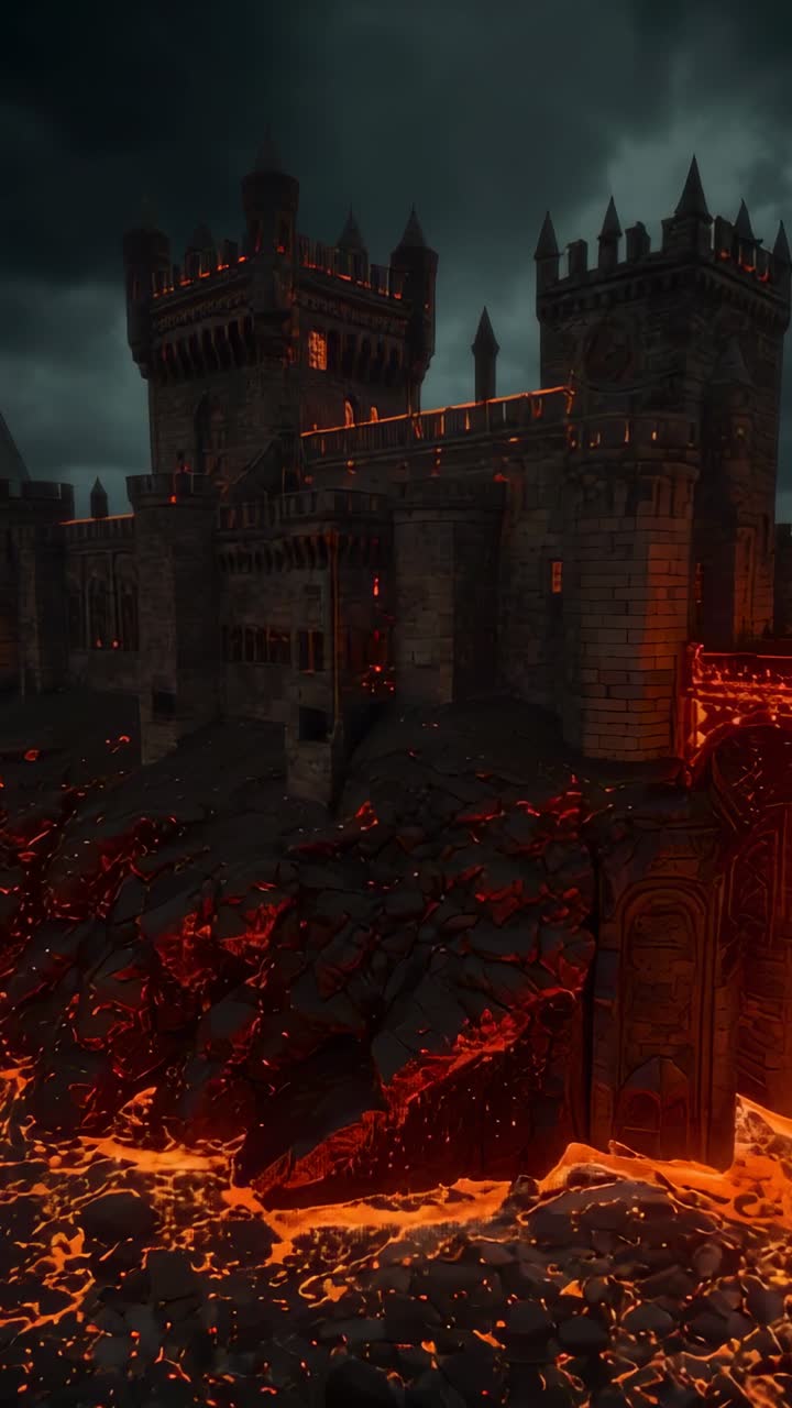 Vertical video: Starting camera pan revealing medieval fortress atop volcanic plateau, lava glowing