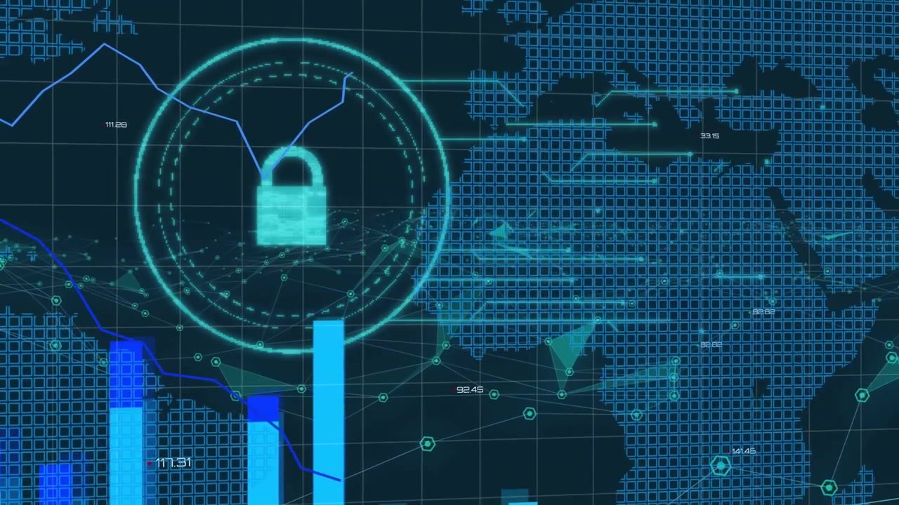 Animation of padlock with bar and line graphs, grid patterned world map, dots connecting with lines